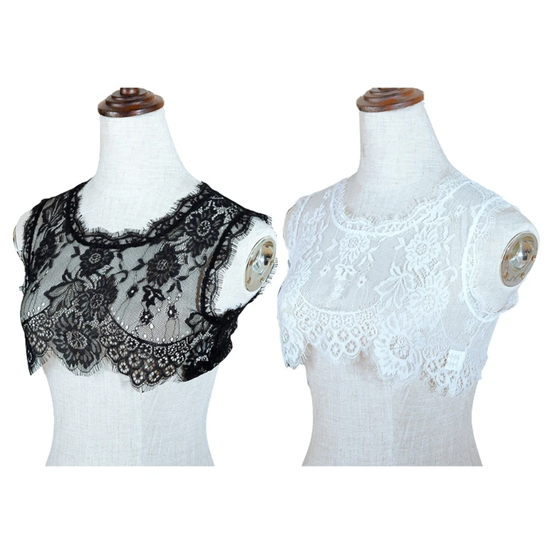 

Women Eyelash Floral Lace Sleeveless Vest O-Neck Decorative Faux Collar Half Shirt Crop Top Sexy Sheer Dickey Cover Up