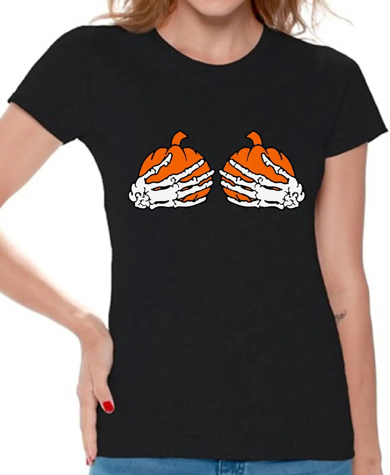 

Новинка! Женская футболка с принтом скелета руки держите Хэллоуин Тыква грудь Юмор крутая футболка женские летние хипстерские футболки для...