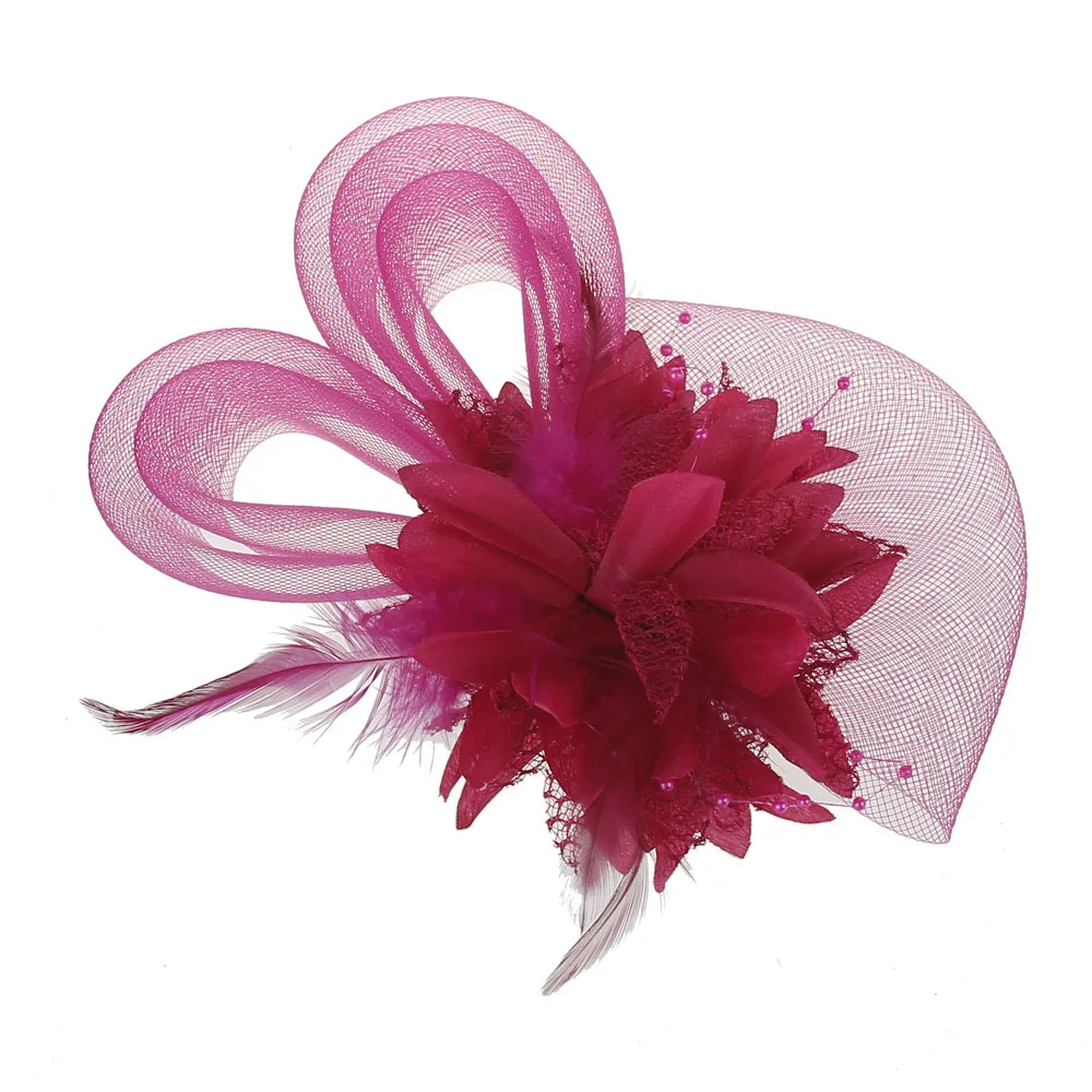 fuchsia Элегантный Тюль с перьями и имитацией жемчуга; красивые вуали; Доступно 11 цветов; свадебные шляпки с цветами для женщин - Цвет: fuchsia