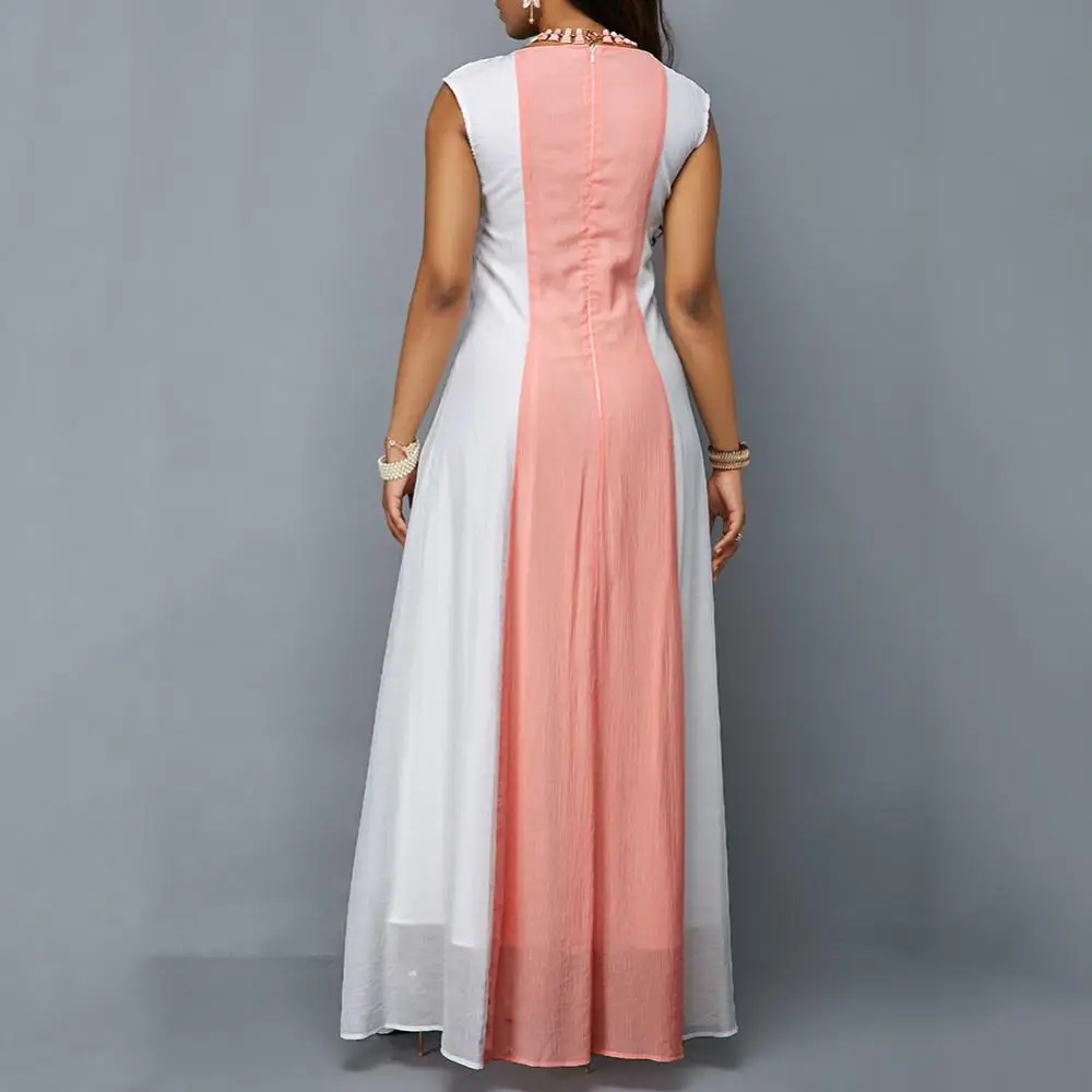 

50%HOT Plus Size Party Women Color Block Zipper Back Round Neck Sleeveless Maxi Dress