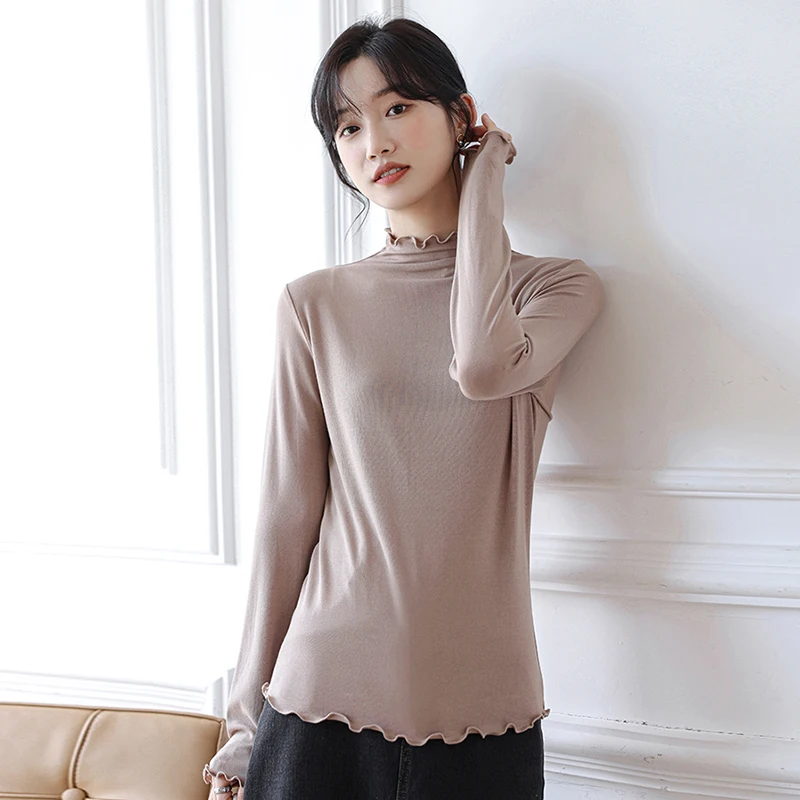 

Polera Mujer 2021 Khaki High Collar Tee Tops Agaric Laces Slim Solid All-match Korea Fashion Casual Women Clothes Autumn T Shirt
