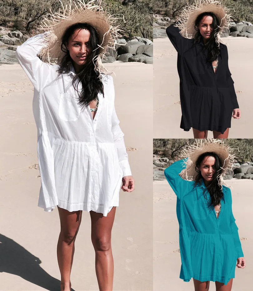 Женское пляжное платье рубашка белое хлопковое ТРАПЕЦИЕВИДНОЕ ПЛАТЬЕ большого