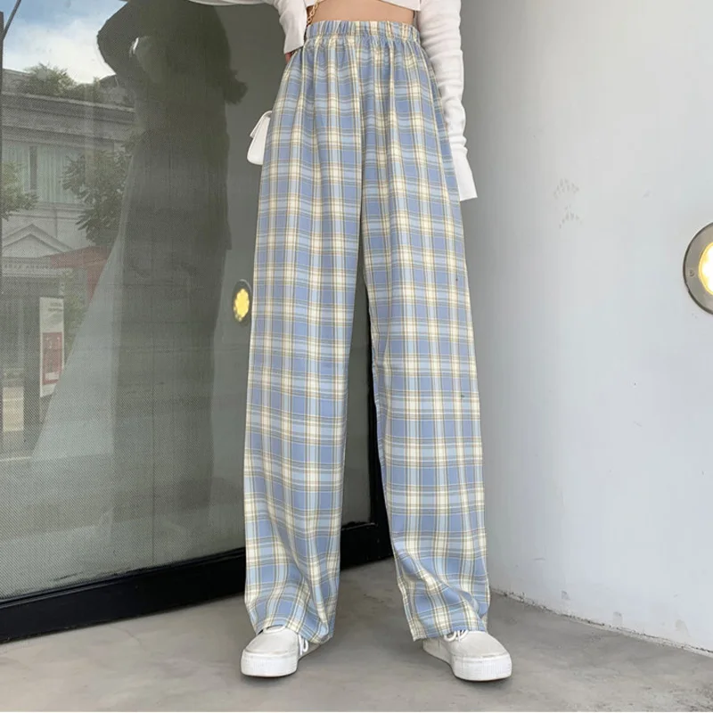 

Women's Check Wide Leg Plaid Pants High Elastic Waist Loose Trousers For Girls Clothing 2XL 2021 Summer Streetwear Clothes Lady