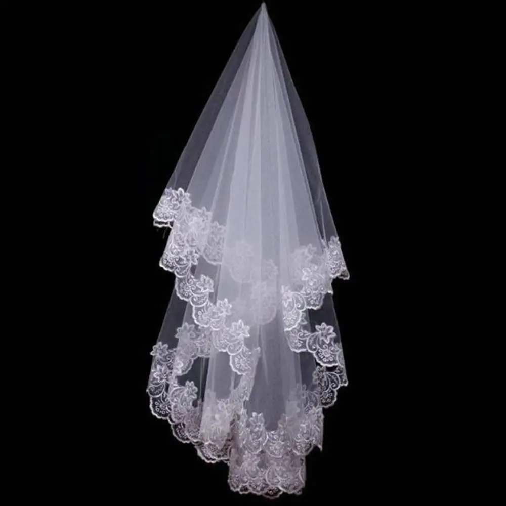 

In Stock White Ivory White Cathedral Wedding Veils Short One Layer Bridal Veil Appliques Lace Edge No Comb Wedding Accessories