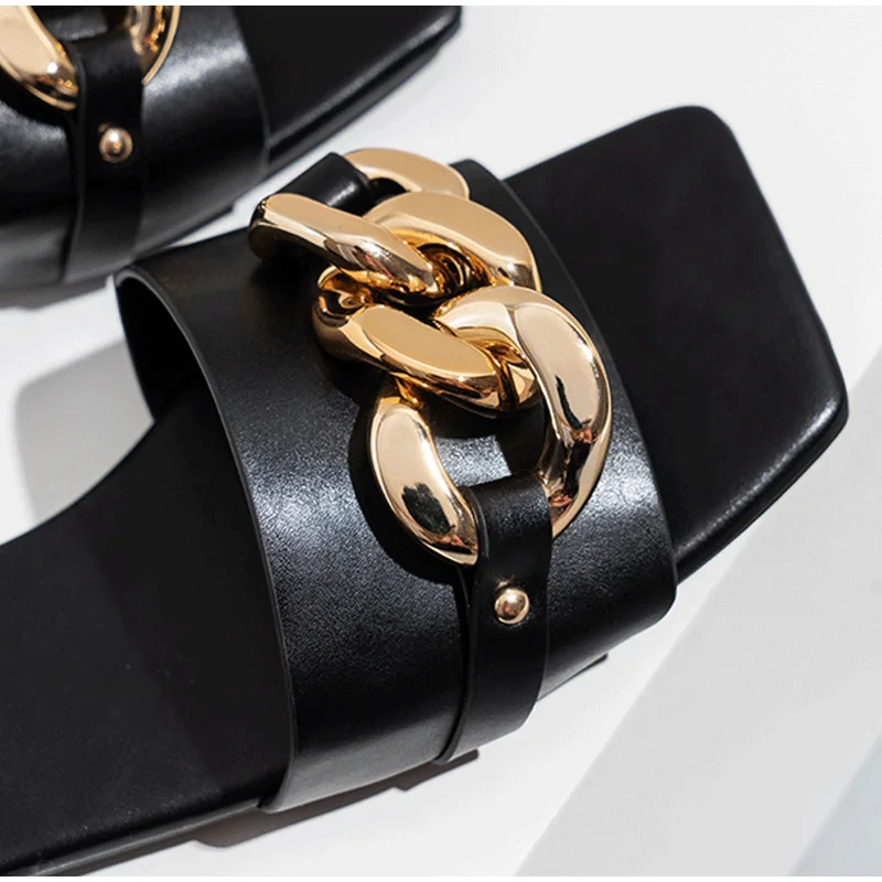 

Women Slippers Flats Chain Summer Shoes Casual Sandals Ladies Fashion Plus Size Footwear Square Toe Slides Female PU Shoe