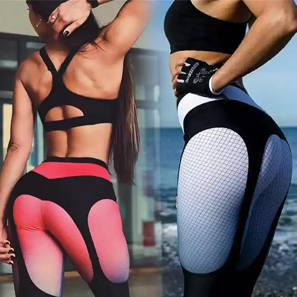 

High Waist Grid Splicing Women Fitness Stretch Leggings Slim Pencil Pants