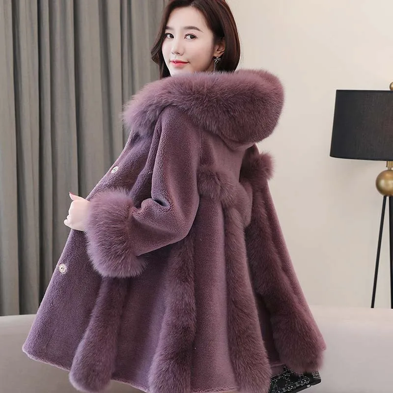 Stunning Grape Real Sheep Fur Coats Hooded Slim Cashmere Middle Length Fox Hair Collar A-line Winter Warm Elegant Women Overcoat