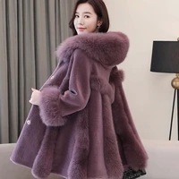 stunning grape real sheep fur coats hooded slim cashmere middle length fox hair collar a line winter warm elegant women overcoat