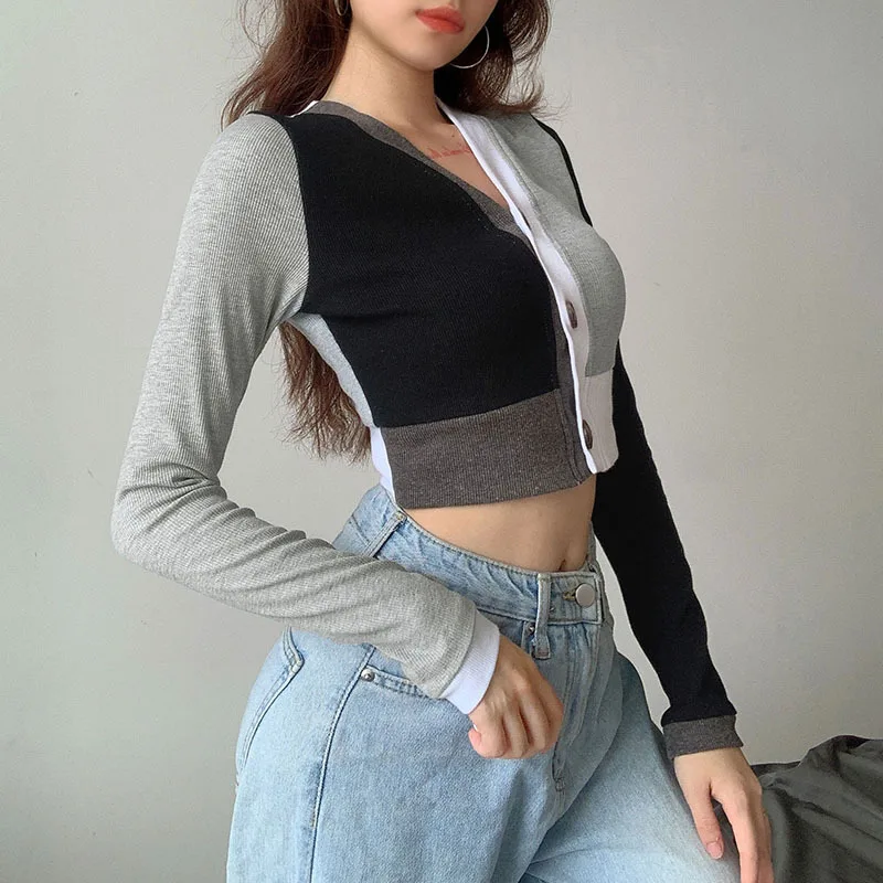 Женский трикотажный кардиган с длинным рукавом и V образным вырезом| |