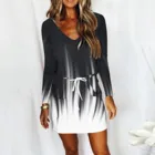 Осеннее женское платье с длинным рукавом, V-образным вырезом и градиентным принтом, платье-мини с карманами и поясом на завязках, мода 2021