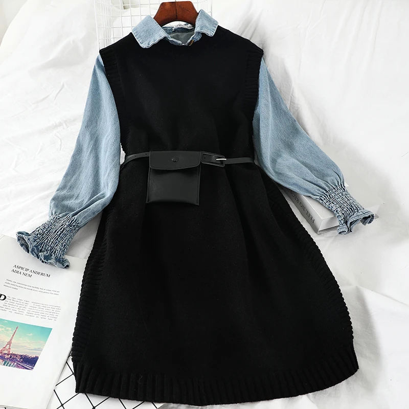 2019 Новая модная женская одежда зимняя джинсовая рубашка + трикотажное платье из