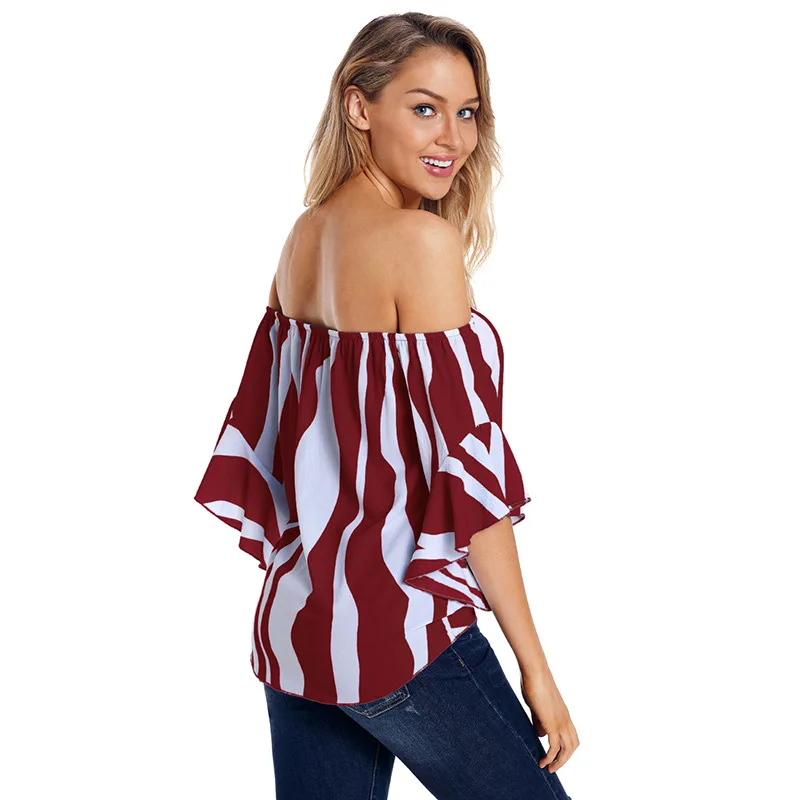 

Kalenmos 2021 Spring Chiffon Shirts Feminine One-way Collar Five-point Trumpet Sleeve Striped Hedging Streetwear Blouse Women