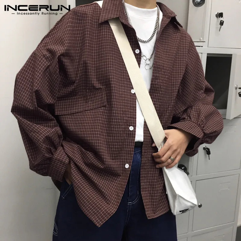 

INCERUN 2021 моды для мужчин клетчатая рубашка в уличном стиле, длинный рукав, с отворотом, с длинными рукавами Блузка на пуговицах в Корейском ст...
