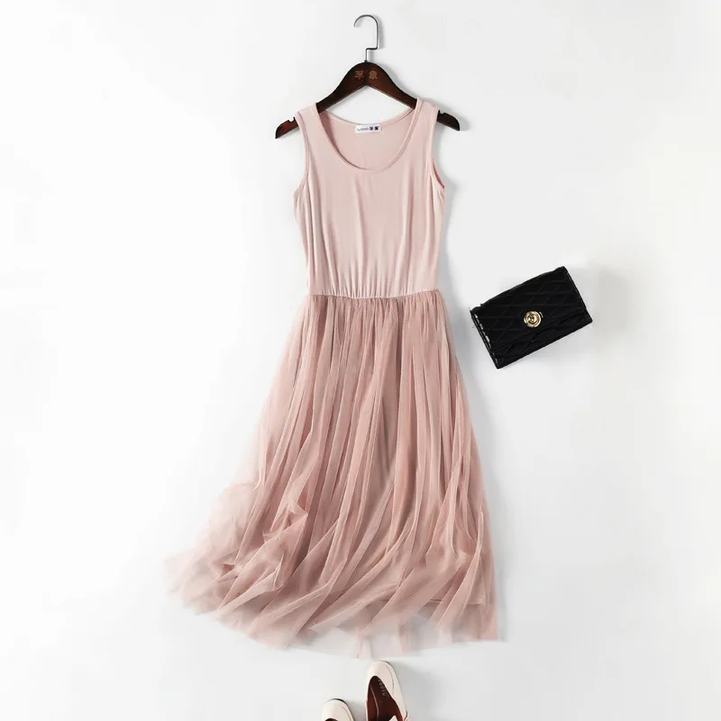 

Women's Modal Stitching Mesh Dress Women Summer 2021 Solid Color Plus Size Vest Bottoming Lace Skirt