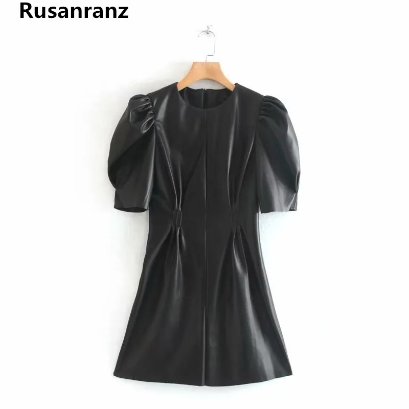 Женский плиссированный сарафан из искусственной кожи короткий с круглым вырезом