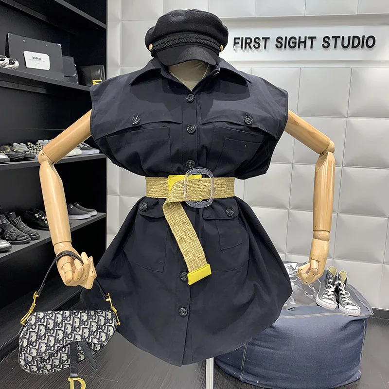 Женское однобортное платье ALPHALMODA без рукавов с поясом и карманами на весну