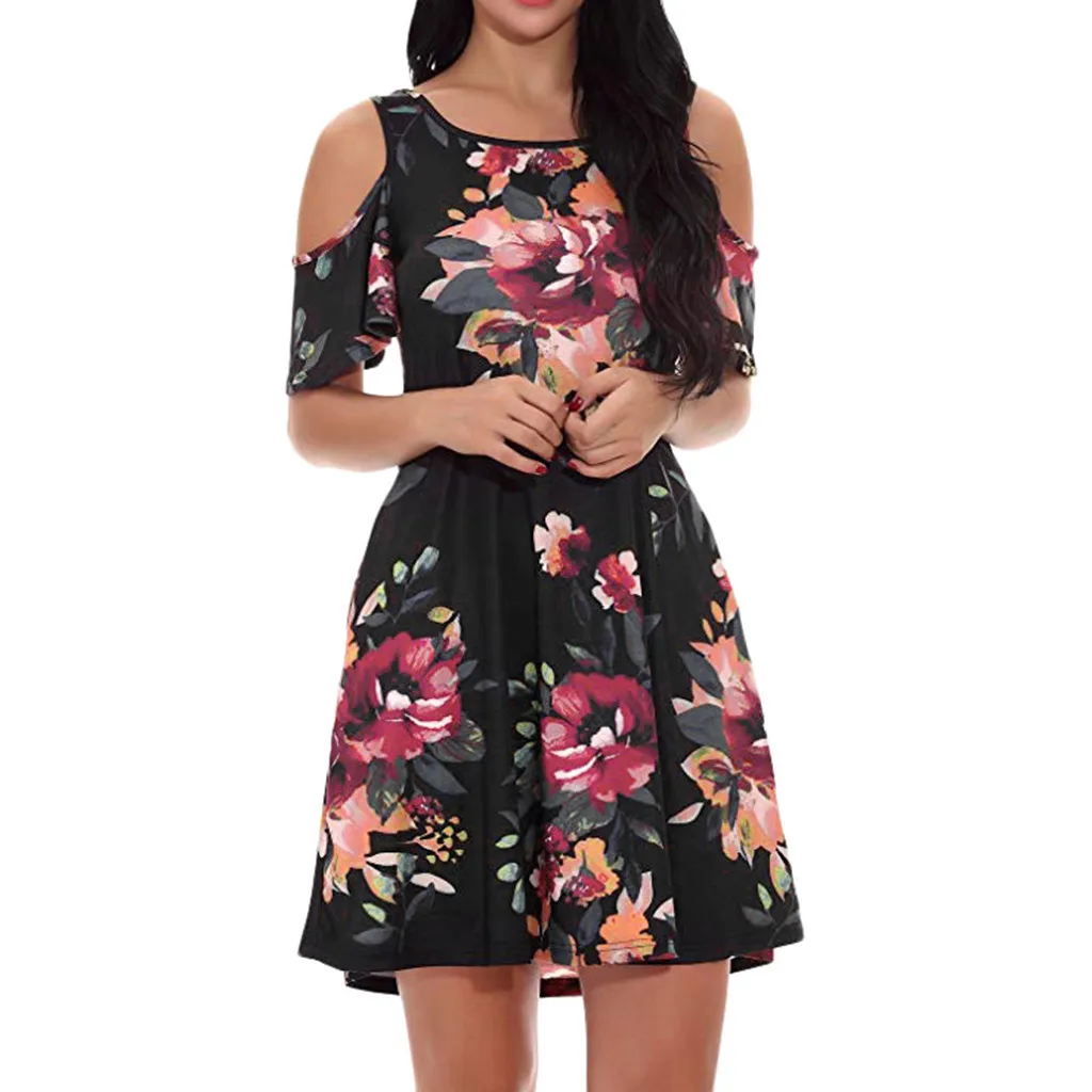 

Cnmyou New2021Summer off-the-shoulder printed short sleeve swing dress