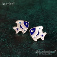 blue fish stud earrings 999 sterling silver earrings for women cloisonne enamel luxury jewelry handmade small ear rings studs