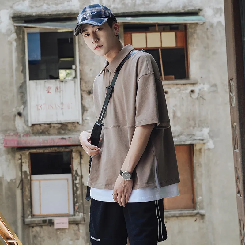 

2021 new men's short-sleeved fake two-piece POLO shirt loose fashion trend lapel solid color high-quality top T-shirt