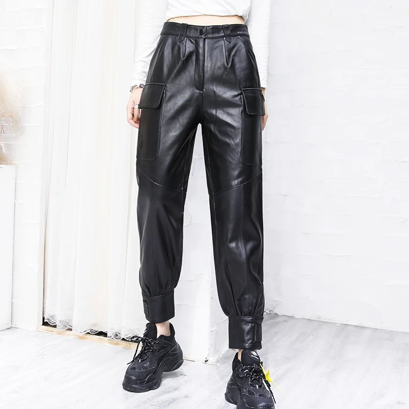 

Женские осенне-зимние брюки-карго из натуральной кожи, высококачественные кожаные брюки-карго из овечьей кожи с высокой посадкой C655