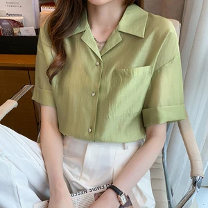 Women's Shirt Chiffon Blouses for Women Office Lady Solid Shirts Women's Clothing 2021 Polo Neck Short Sleeve Blouse Female Tops 10 item image