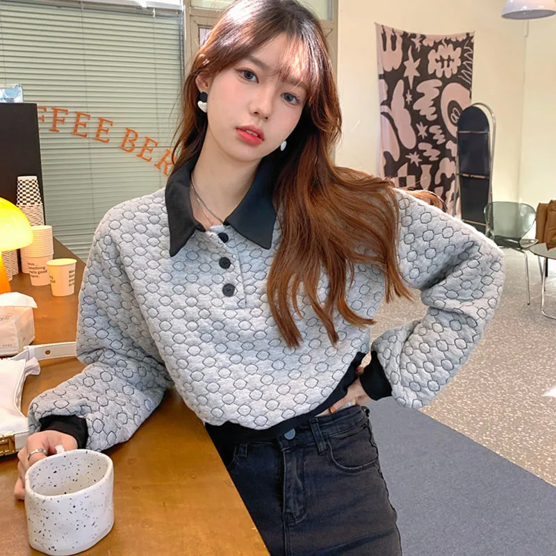 

Новинка 2021, рубашка-поло с воротником, Женская Осенняя рубашка в стиле ретро, Корейская версия, Короткая свободная рубашка с длинными рукава...