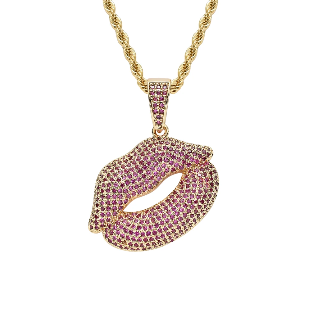 

Позолоченное ожерелье в стиле хип-хоп с подвеской в виде горячей губы, цепочка с кубическим цирконием ААА, ожерелье, Модная бижутерия-24 дюйм...