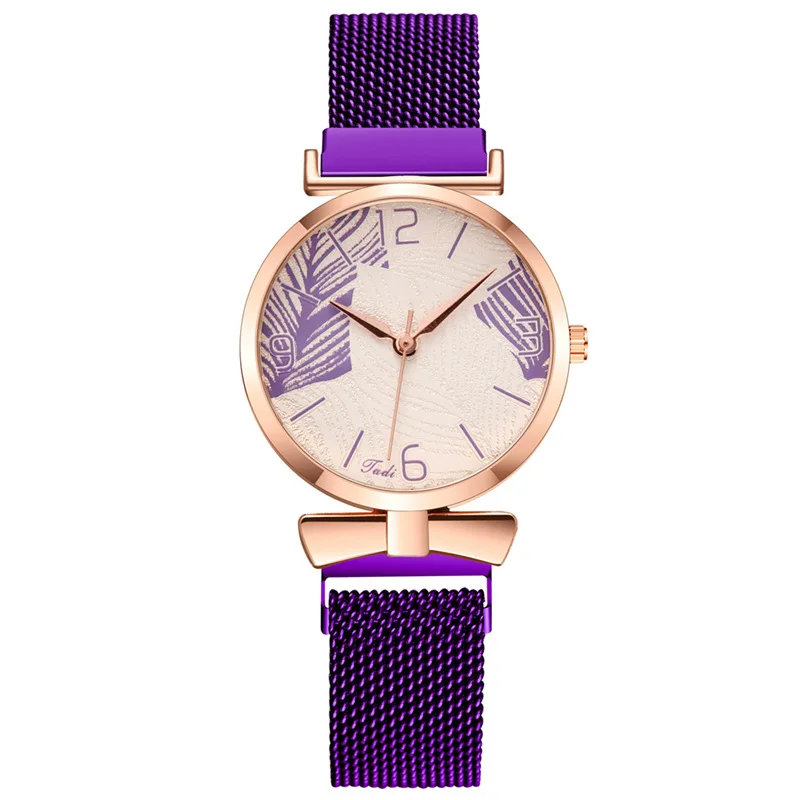 

Fashion Women's Watch Magnetic Band Quartz Clock Leaf Pattern Strap Simple Digital Ladies Bracelet Watch Wrist Dress Party