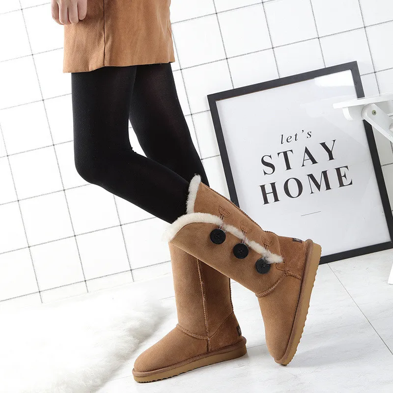 Зимние ботинки женские высокие обувь из 100% натуральной овечьей кожи на плоской