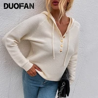 duofan drawstring hooded knitted sweater womens fallwinter 2021 new loose pullover button open chest sweater