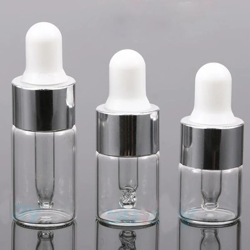 

100Pcs 1/2/3ml Clear Glass Essential oil Aromatherapy Dropper Bottles Silver Aluminum Cap Reagent Drop Eye Liquid Pipette Bottle