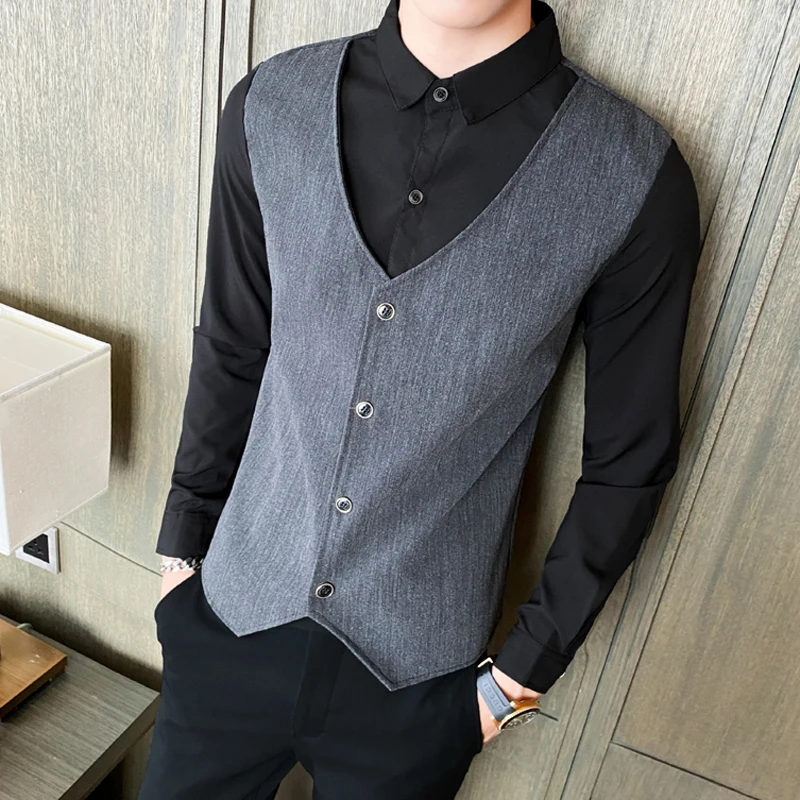 

High Quality Men's Fake Two Shirt Business Casual Long Sleeve Formal Shirts Office Dress Clothes Slim Social Party Chemise Homme