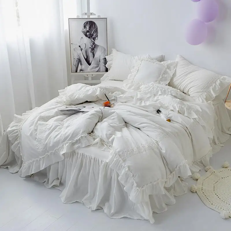 

41 160X200cm Size Bedskirt Bedding Set Purple Grey Chic Shabby Washed Cotton Duvet Cover Girls Twin Queen King size 4/7Pcs