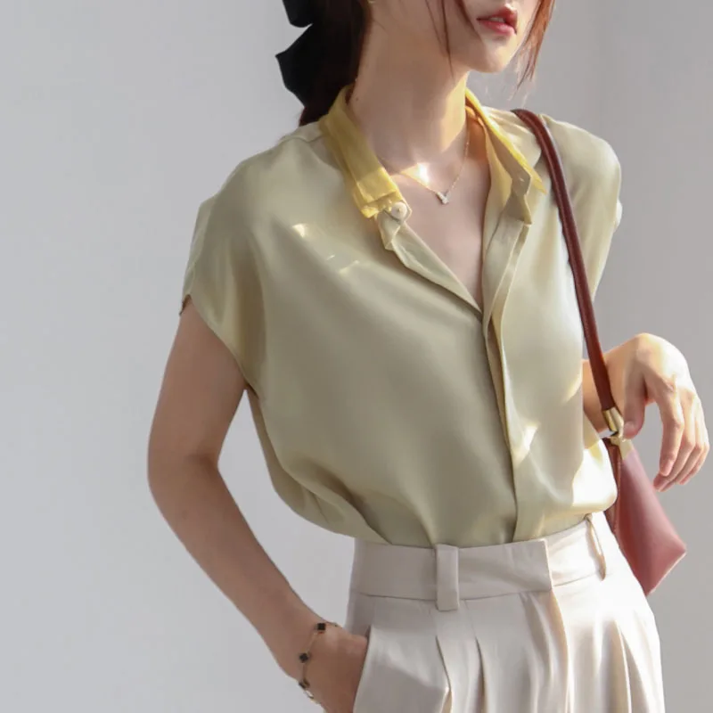 

2021 new satin shirt women's summer design sense niche short sleeve color matching shirt jacket chiffon shirt temperament
