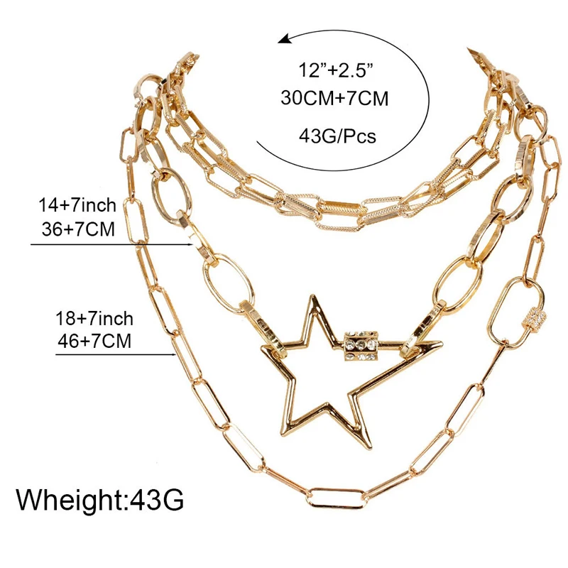 

Multi Layer Gold Color Metal Pendant Necklace Punk Pentagram Star Carabiner Chunky Collar Chain Hiphop Choker with Rhinestones