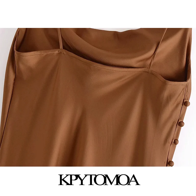 KPYTOMOA Women Chic Fashion Side Buttons Silt Cozy Midi Camisole Dress Vintage Backless Thin Straps Female Dresses Mujer | Женская