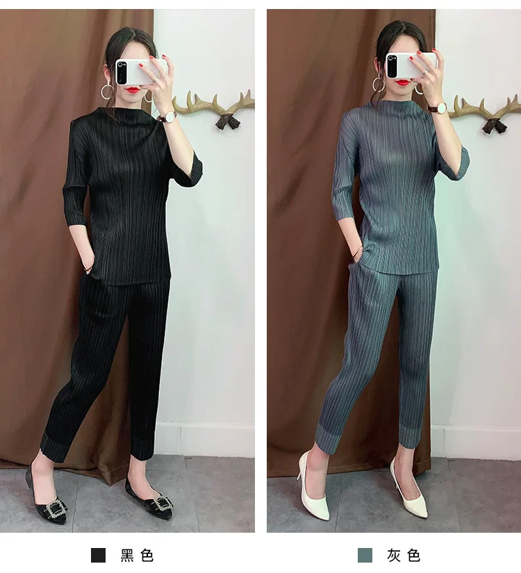 Miyake плиссированная Футболка свободная высокая эластичность Осенняя Приталенная футболка однотонная стоячая женская рубашка японский стиль топы размера плюс
