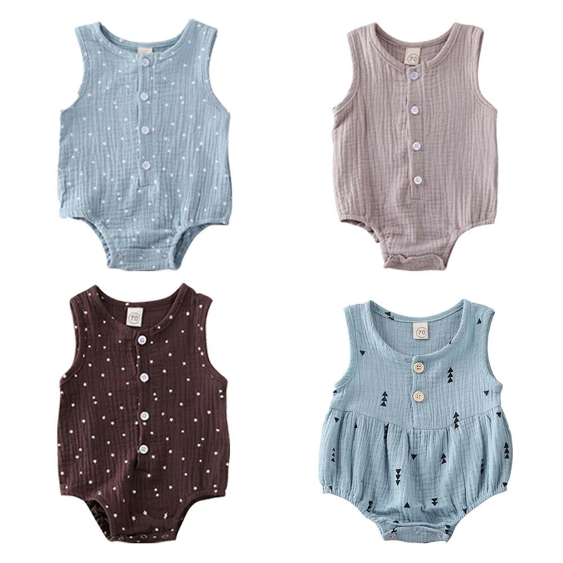 

Newborn Infant Baby Girls Boys Clothes Romper Sleeveless Button Jumpsuit Bodysuit Cotton Linen Outfit 0-12M