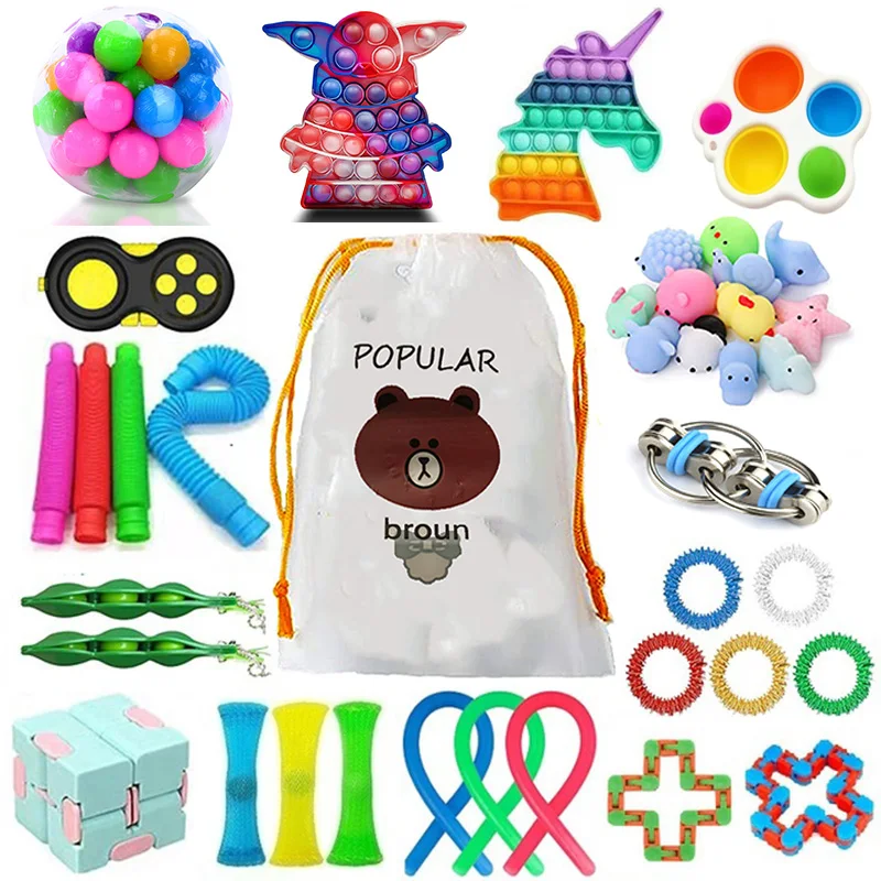 Enlarge 30pcs Pack Fidget Toys Autism Anti Anxiety Unicone Push Bubble Pop Tubes Sensory Ring Kawaii Mochi Soft Squishy Toy for Children