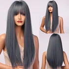 Генри MARGU Косплэй вечерние синтетические волосы парики темно-синие длинные шелковые прямые парики с челкой для Для женщин высокое Температура волокна