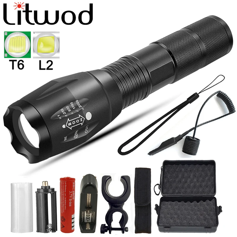 Светодиодный фонарик ультра яркий фонарь T6/L2 тактический для кемпинга 5 режимов