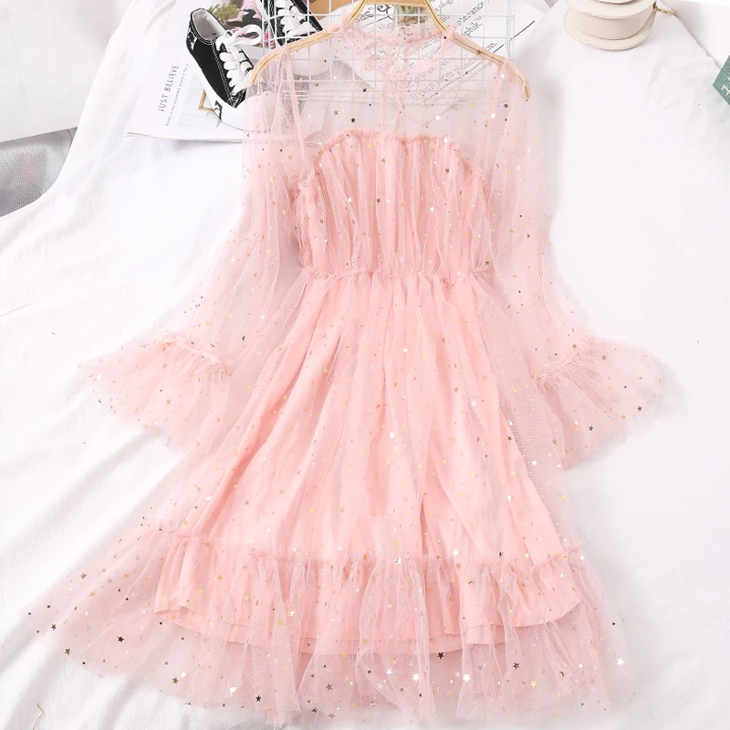 2019 Новое модное женское платье звезды блестки с длинными рукавами и высокой