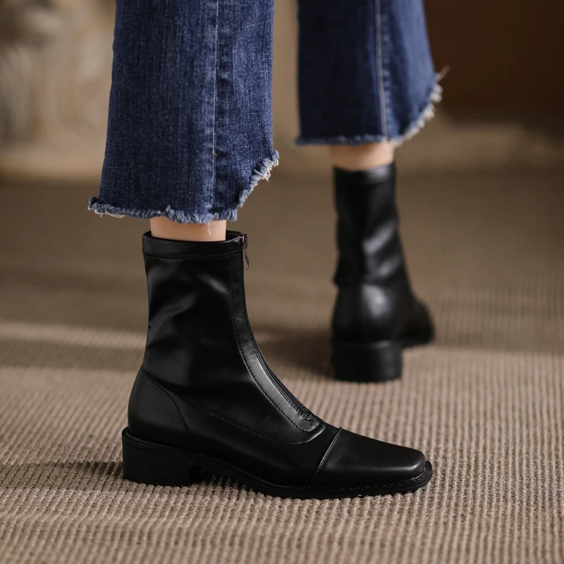

2021 Women Genuine Leather Boots Fashion Handmade Short Boots Front Zipper Platform Short Boots ANKLE Flat with Chelsea Boots