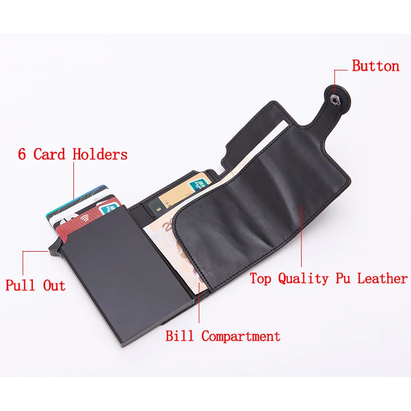 men rfid button credit card holder high quality metal aluminum auto pop up rfid blocking id card case black wallet coin purse free global shipping
