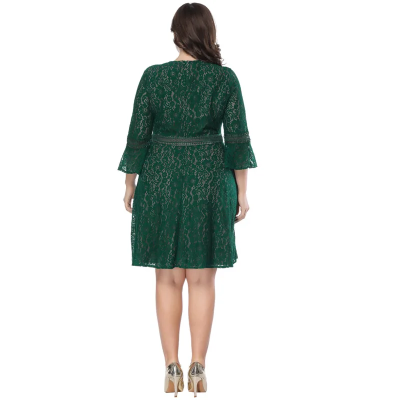 

Plus Size Women's Dress Elegant Spliced Lace Short Solid Office Ladies Vintage Oversize Basic Hollow Out Flower Evening Dress