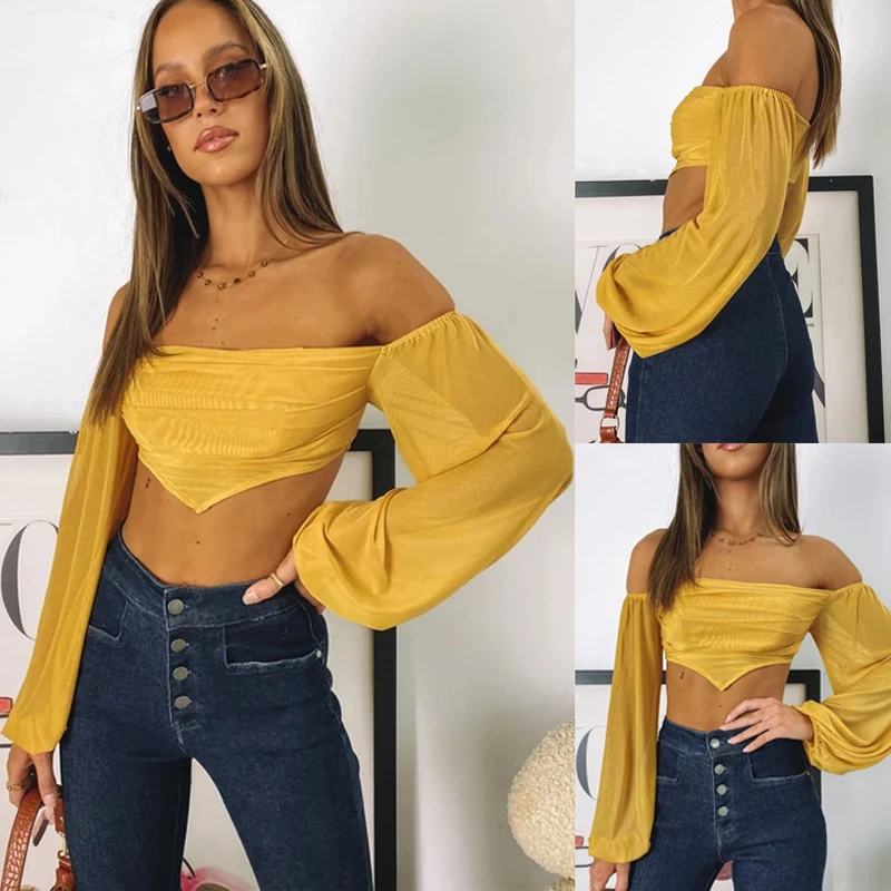 

2021 Summer New Slim Long Sleeve Short Navel Cropped Shoulder Top Yellow Elegant Solid Color Sexy Stitching Hedging Tee Tops