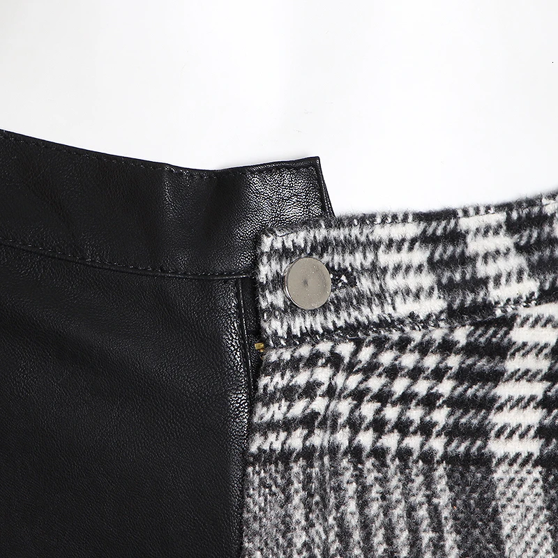 

TWOTWINSTYLE Patchwork PU Plaid Trousers For Women High Waist Hit Colors Asymmetrical Patchwork Autumn Winter Pants Female Tide