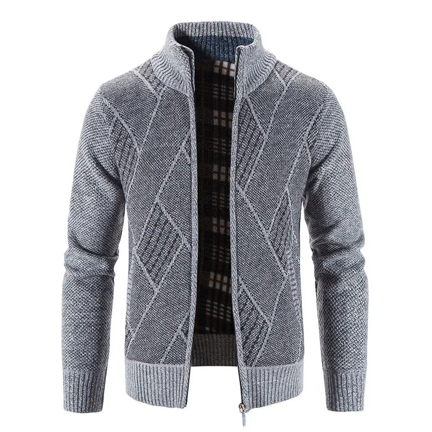 

2021 Autumn Winter Thick Knitted Long Sleeve Stand Collar Zipper Cardigan Sweater Coat for Men