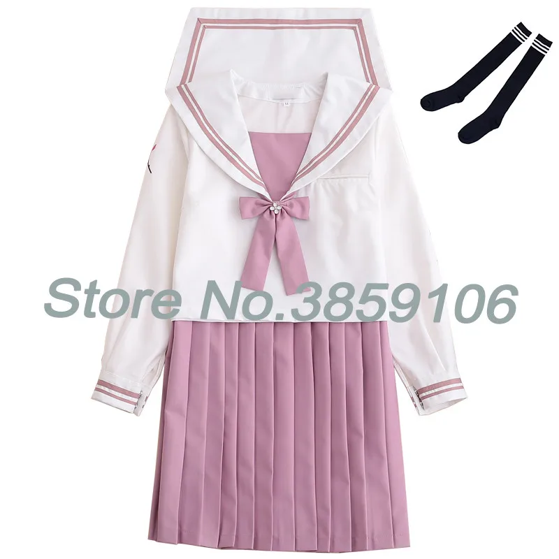Long Set With Socks UPHYD розовый цветок вышивка белая рубашка и розовая юбка костюмы студентов Косплей JK школьная форма для девочек Матросская форма наборы - Цвет: Long Set With Socks
