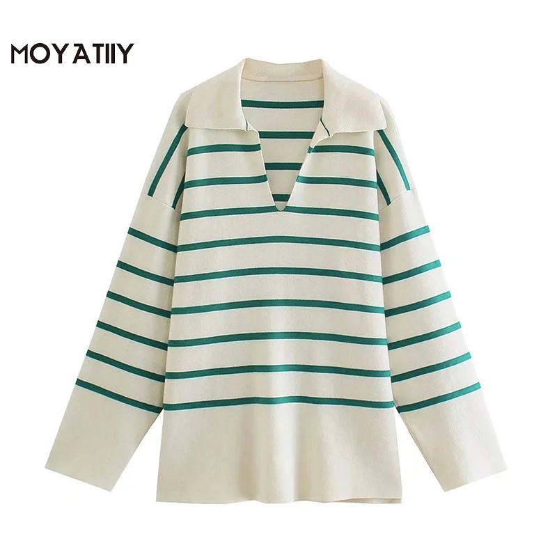 

MOYATIIY Women 2021 Fashion Oversize Spring Autumn Knitted Sweater Casual Wide Sleeve Striped Pattern Pullover Sweaters Tops